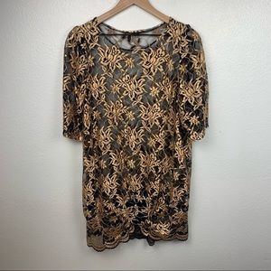 Vintage blue and gold floral Sheer Mini Dress